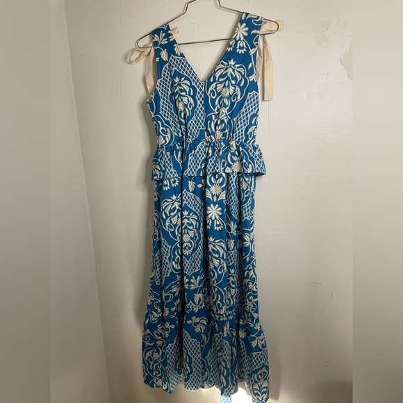 Moon River Blue & White Border Print Ruffle Tie Strap Midi Dress | Size S​ - Picture 6 of 11